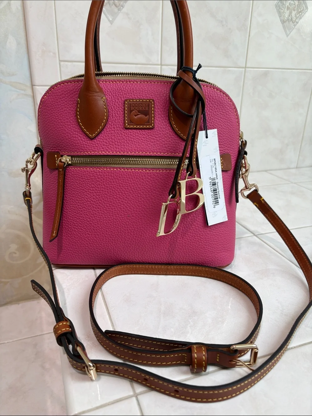 Dooney & Bourke Hot Pink Pebbled Grain Leather Domed Satchel with Brown Trimk